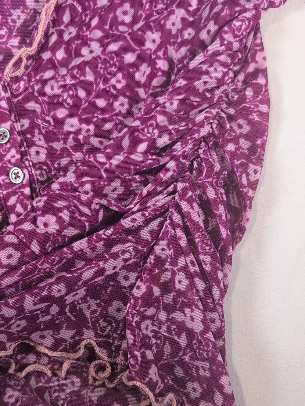 Free People Purple/Magenta Sheer Floral Button Front Ruched Tope Size XS